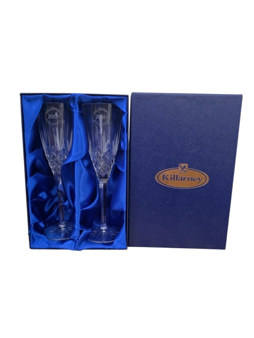 Killarney Crystal Millennium 2000 Set of 2 Champagne Flutes Glasses New